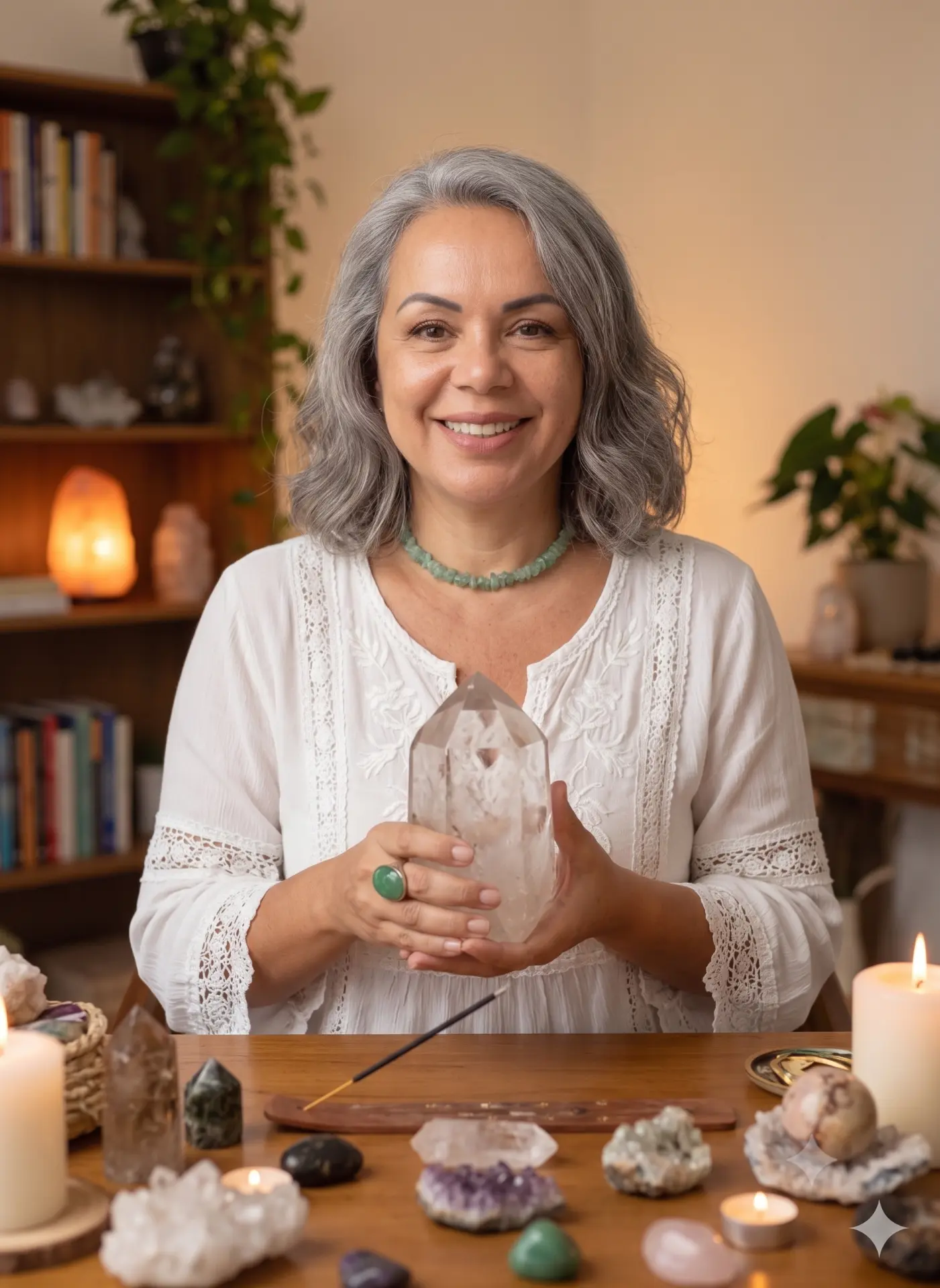Ana Lúcia Gomes segurando um cristal de quartzo em seu espaço de atendimento